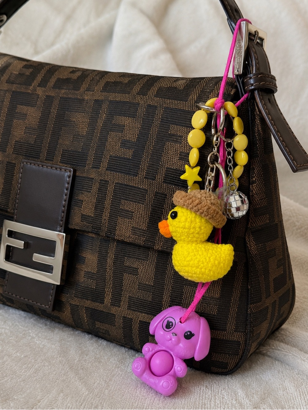 Bag Charm Purse Disco Ball Hand Crocheted Duck Beanie Beads Pink Squeeze Pup